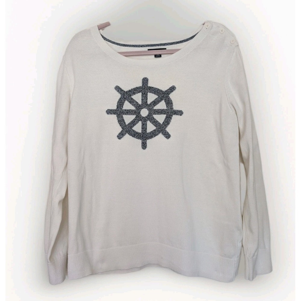 Nautica Women's Ship's Wheel Long Sleeve Sweater Top Ivory 100% Cotton Sz XL